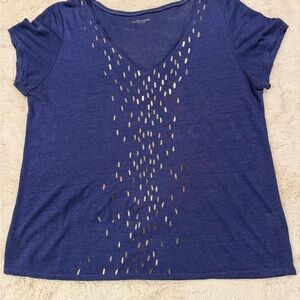 Eileen Fisher Royal Blue V-Neck Short-Sleeve Top with Metallic Accents